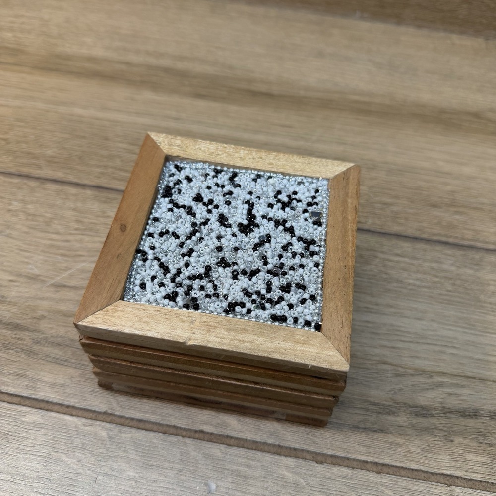 Boho Wooden Square Coasters Black White Glass Bead Mosaic Inlay Set of 4 MCM